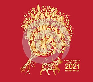 Happy chinese new year 2021 of the ox. Gold zodiac sign, gold floral bouquet decoration for greetings card, invitation, posters,