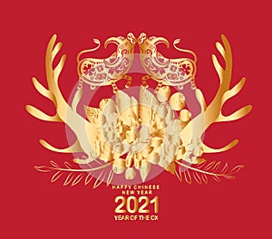 Happy chinese new year 2021 of the ox. Gold zodiac sign, gold floral decoration for greetings card, invitation, posters, brochure