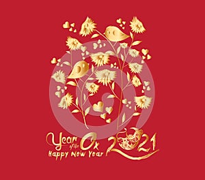 Happy chinese new year 2021 of the ox. Gold zodiac sign, gold floral decoration for greetings card, invitation, posters, brochure