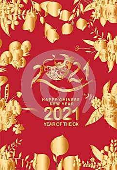 Happy chinese new year 2021 of the ox. Gold zodiac sign, gold floral and flower and asian elements background for greetings card,