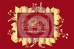 Happy chinese new year 2021 of the ox. Gold zodiac sign, gold floral frame and asian elements background for greetings card,