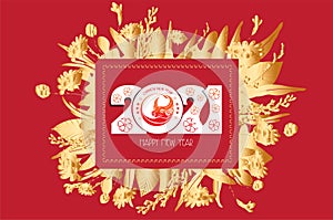 Happy chinese new year 2021 of the ox. Gold zodiac sign, gold floral frame and asian elements background for greetings card,