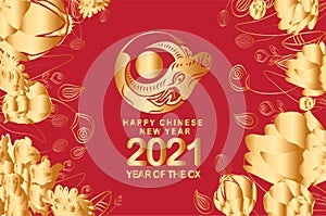 Happy chinese new year 2021 of the ox. Gold zodiac sign, gold floral frame and asian elements background for greetings card,