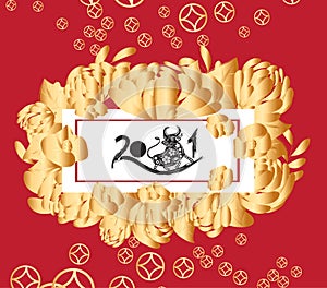 Happy chinese new year 2021 of the ox. Gold zodiac sign, gold floral frame and asian elements background for greetings card,