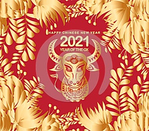 Happy chinese new year 2021 of the ox. Gold zodiac sign, gold floral frame and asian elements background for greetings card,