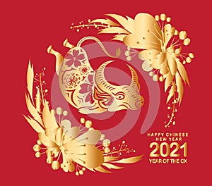 Happy chinese new year 2021 of the ox. Gold zodiac sign, gold floral frame decoration for greetings card, invitation, posters,