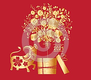 Happy chinese new year 2021 of the ox. Gold zodiac sign, gold floral and gift decoration for greetings card, invitation, posters,