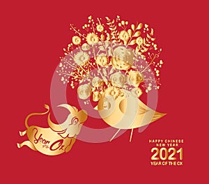 Happy chinese new year 2021 of the ox. Gold zodiac sign, gold floral and gold bird decoration for greetings card, invitation,