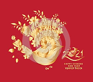 Happy chinese new year 2021 of the ox. Gold zodiac sign, gold floral and gold bird decoration for greetings card, invitation,