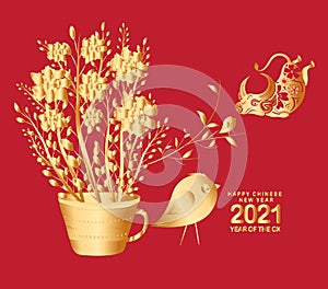 Happy chinese new year 2021 of the ox. Gold zodiac sign, gold floral and gold bird decoration for greetings card, invitation,