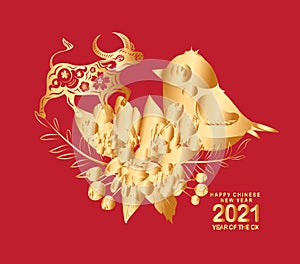 Happy chinese new year 2021 of the ox. Gold zodiac sign, gold floral and gold bird decoration for greetings card, invitation,