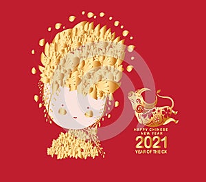 Happy chinese new year 2021 of the ox. Gold zodiac sign, gold floral and gold girl decoration for greetings card, invitation,