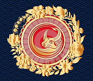 Happy chinese new year 2021 of the ox. Gold zodiac sign, gold floral wreath for greetings card, invitation, posters, brochure,