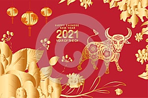 Happy chinese new year 2021 of the ox. Gold zodiac sign, gold flower background and asian elements background for greetings card,