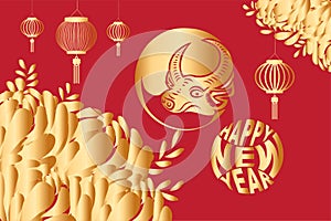 Happy chinese new year 2021 of the ox. Gold zodiac sign, gold flower and lanterns background and asian elements background for