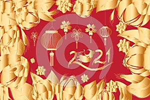 Happy chinese new year 2021 of the ox. Gold zodiac sign, gold flower and lanterns background and asian elements background for