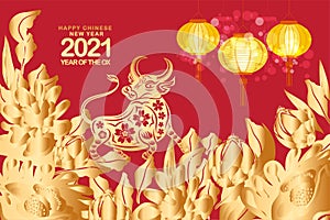 Happy chinese new year 2021 of the ox. Gold zodiac sign, gold flower and lanterns background and asian elements background for