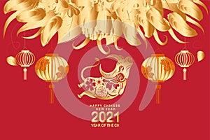 Happy chinese new year 2021 of the ox. Gold zodiac sign, gold flower and lanterns background and asian elements background for