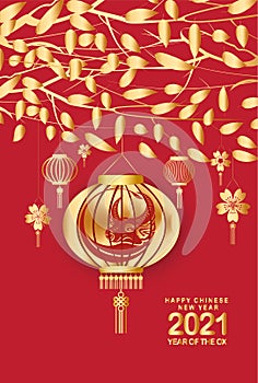 Happy chinese new year 2021 of the ox. Gold zodiac sign, gold tree and lanterns background for greetings card, invitation, posters