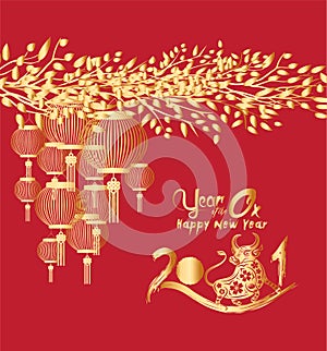 Happy chinese new year 2021 of the ox. Gold zodiac sign, gold tree and lanterns background for greetings card, invitation, posters