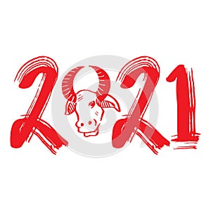 Happy Chinese New Year 2021. Red bull zodiac sign with number in grunge style