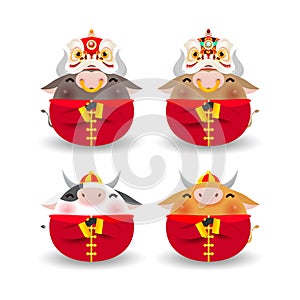 Happy Chinese new year 2021, Set of cute little ox, the year of the ox zodiac, Cartoon cute cow isolated on white background