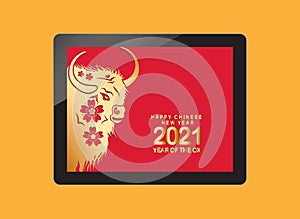 Happy chinese new year 2021 table of the ox. Gold zodiac sign, Gold Cow for greetings card, invitation, posters, brochure,
