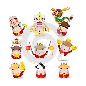 Happy Chinese new year 2021 the year of the ox zodiac, Set of cute little cartoon cow character  isolated on white background