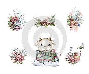 Happy Chinese new year 2021 zodiac. Cute cow with gift box and Christmas bouquet floral and flowers Hand drawn