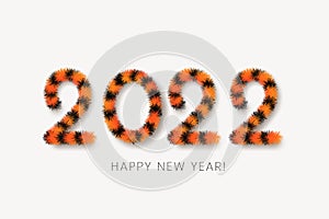 Happy Chinese New Year 2022. Black-orange fluffy numbers, looking like tiger fur. Tiger is zodiac sign symbol of 2022