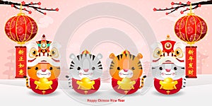 Happy Chinese new year 2022 greeting card. group Little tiger holding Chinese gold year of the tiger zodiac poster, banner,