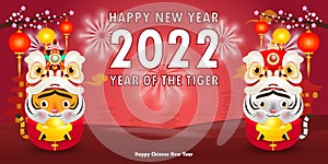 Happy Chinese new year 2022 greeting card. two little tiger holding Chinese gold year of the tiger zodiac poster, banner, brochure