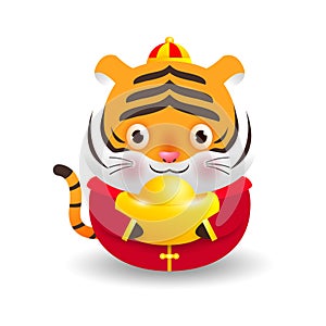 Happy Chinese new year 2022, Little tiger holding Chinese gold, the year of the tiger zodiac, Cartoon vector illustration isolated