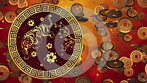 Happy Chinese new year 2022, Tiger Zodiac sign on red, golden background. Chinese Festivals. 4K Video animation happy