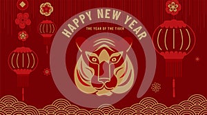 Happy Chinese new year 2022 vector background. Greeting banner with big tiger gold face, zodiac animal symbol, lantern