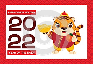 Happy chinese New Year 2022, year of the Tiger. Celebration banner with tiger zodiac and symbols of prosperity and wealth
