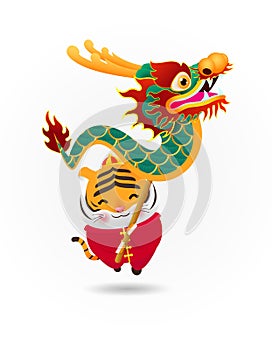 Happy Chinese new year 2022 the year of the tiger, cute Little tiger performs dragon Dance, greeting card zodiac Cartoon vector