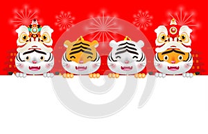 Happy Chinese new year 2022 year of the tiger zodiac design with group littel tiger greeting gong xi fa cai, signs brochure