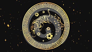 Happy Chinese New Year 2022, zodiac sign tiger on black background with gold stars. Chinese festivals. Happy new year