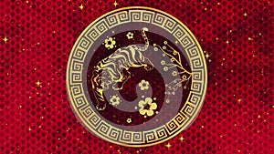 Happy Chinese New Year 2022, zodiac sign tiger on red background with gold stars. Chinese festivals. 4K video animation