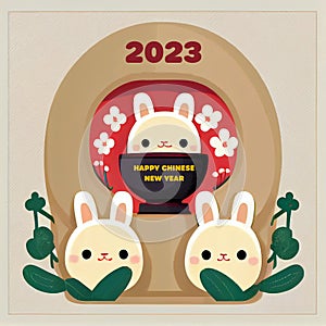 Happy chinese new year 2023 background. Cute lunar rabbit. Traditional holiday lunar New Year. Cartoon vector illustration.