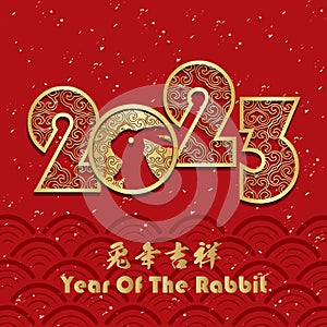 Happy chinese new year 2023 with gold rabbit zodiac sign on red chinese culture texture background vector design.