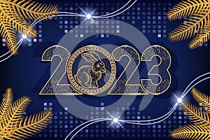 Happy chinese new year 2023 rabbit fir branches gradient dark blue background
