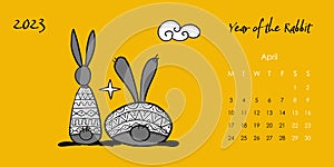 Happy chinese new year 2023 of the rabbit zodiac sign. Calendar template. Funny Bunnies concept art. Christamas
