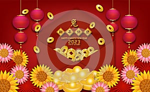 Happy chinese new year 2023. Year of Rabbit charector with asian style on skyblue background. Chinese translation is mean Year of