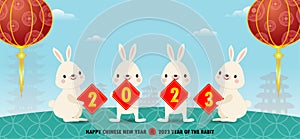 Happy Chinese new year 2023 year of the rabbit, cute Little bunny happy new year, HNY, gong xi fa cai, greeting card  Cartoon