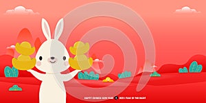 Happy Chinese new year 2023 year of the rabbit, cute Little bunny happy new year, HNY, gong xi fa cai, greeting card  Cartoon