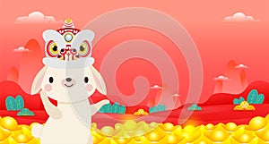 Happy Chinese new year 2023 year of the rabbit, cute Little bunny happy new year, HNY, gong xi fa cai, greeting card  Cartoon