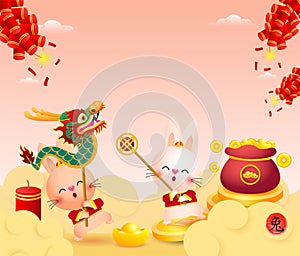 Happy Chinese new year 2023 year of the rabbit, cute Little bunny performs dragon Dance, gong xi fa cai, greeting card Cartoon