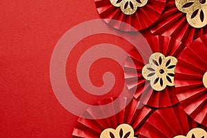 Happy Chinese New Year 2023 year of the rabbit. Oriental Asian style paper fans. Lunar New Year greeting card template. Red